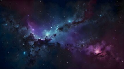 A cosmic background with a starry galaxy theme, featuring deep blue and purple gradients, sparkling stars, and glowing nebulae