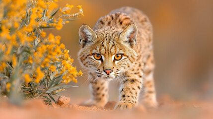 Obraz premium Bobcat stalking prey near desert flowers