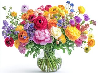 exuberant spring bouquet bursting with rainbow-hued blooms, featuring peonies, ranunculus, and wildflowers in artistic arrangement