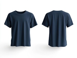floating navy blue t-shirt with natural fabric folds, front and back views, subtle shadows on clean white background