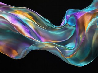 flowing iridescent fabric suspended in mid-air, catching light with prismatic reflections, ethereal movement against deep black background