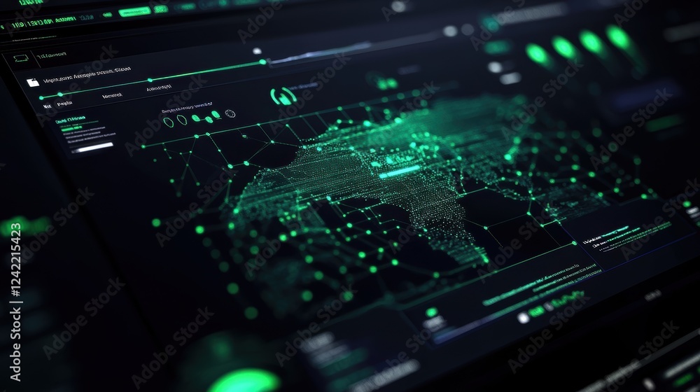 Poster complex digital world map visualization on computer screen with network connections, data points, an