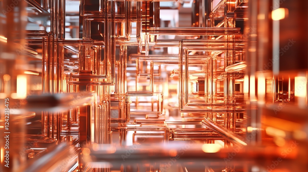 Poster intricate orange glass structure with geometric patterns illuminated from within