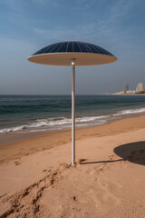 Solar Beach Umbrella Panel Sand Sea Coastline Renewable Energy Modern Eco Technology Design Innovation