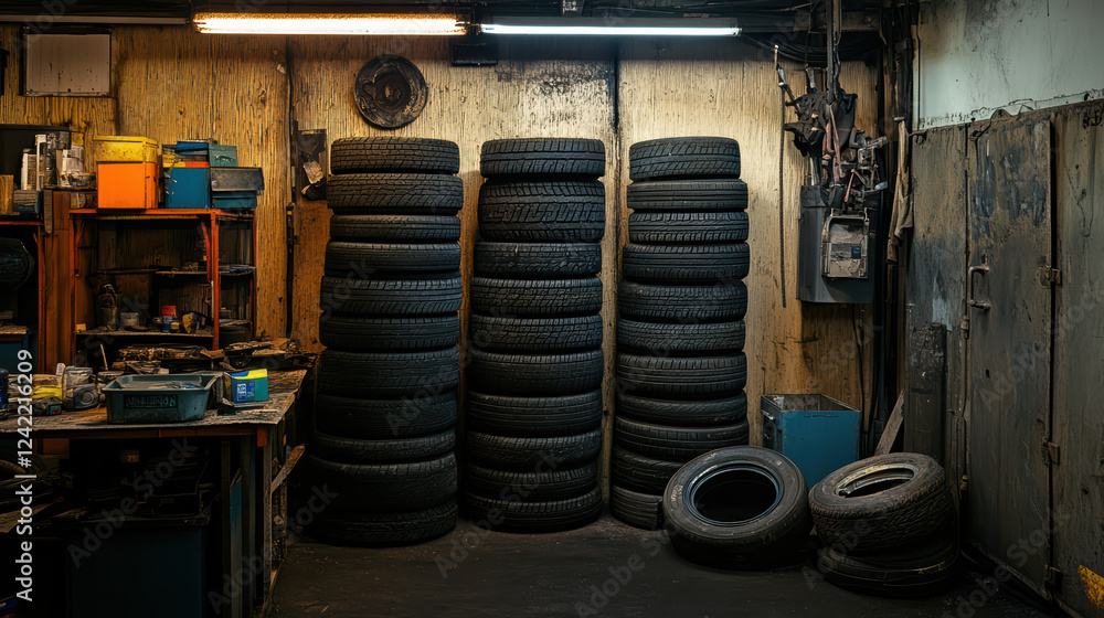 Poster stack of car tires in workshop space, surrounded by tools and equipment, creates functional and orga