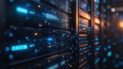 Fototapeta premium Data Center Server Racks with Electric Cables and Fiber Optic Equipment, High-Tech Network Infrastructure Background