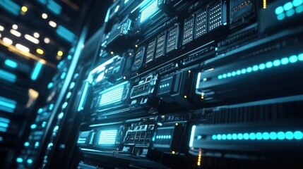 Obraz premium Data Center Server Racks with Electric Cables and Fiber Optic Equipment, High-Tech Network Infrastructure Background