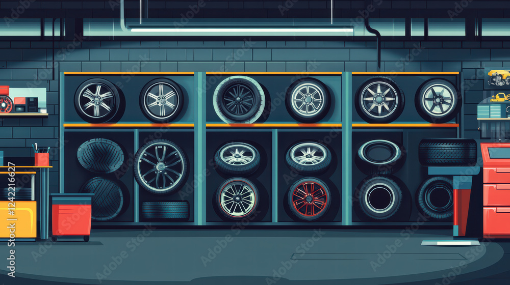 Poster tire shop interior featuring various tire displays and storage areas, showcasing range of tire desig