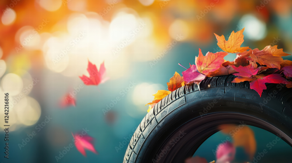 Poster tire surrounded by colorful autumn leaves, creating vibrant seasonal scene with soft bokeh backgroun