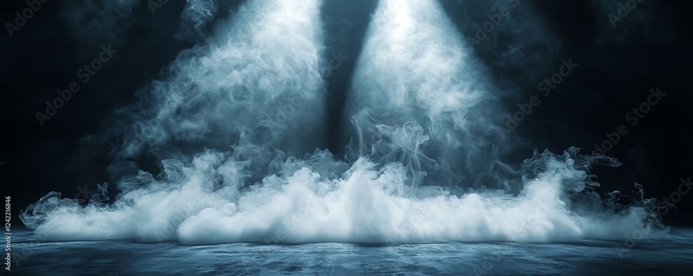 Poster a mysterious black stage with swirling white smoke, creating a dramatic abstract backdrop for produc