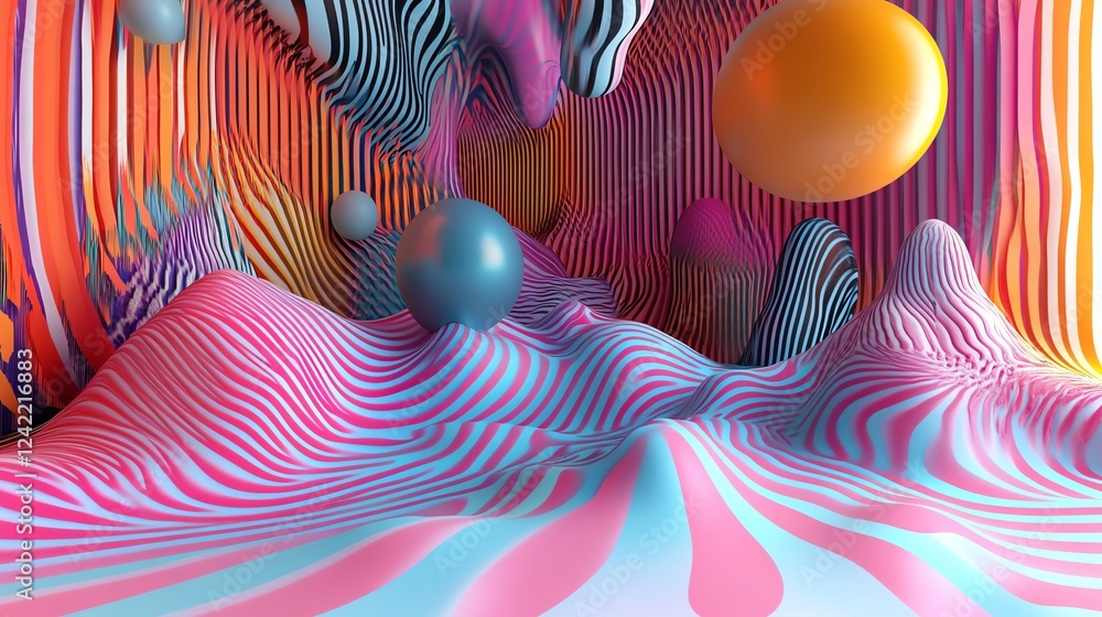 Poster colorful abstract landscape with swirling patterns and floating spheres in a surreal environment