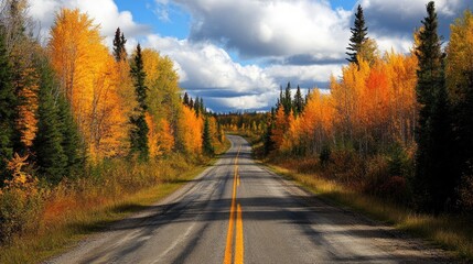 Fototapeta premium A winding asphalt road through vibrant fall foliage under a cloudy blue sky