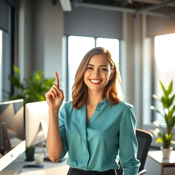Una empleada sonriendo alegremente y levantando su dedo &iacute;ndice