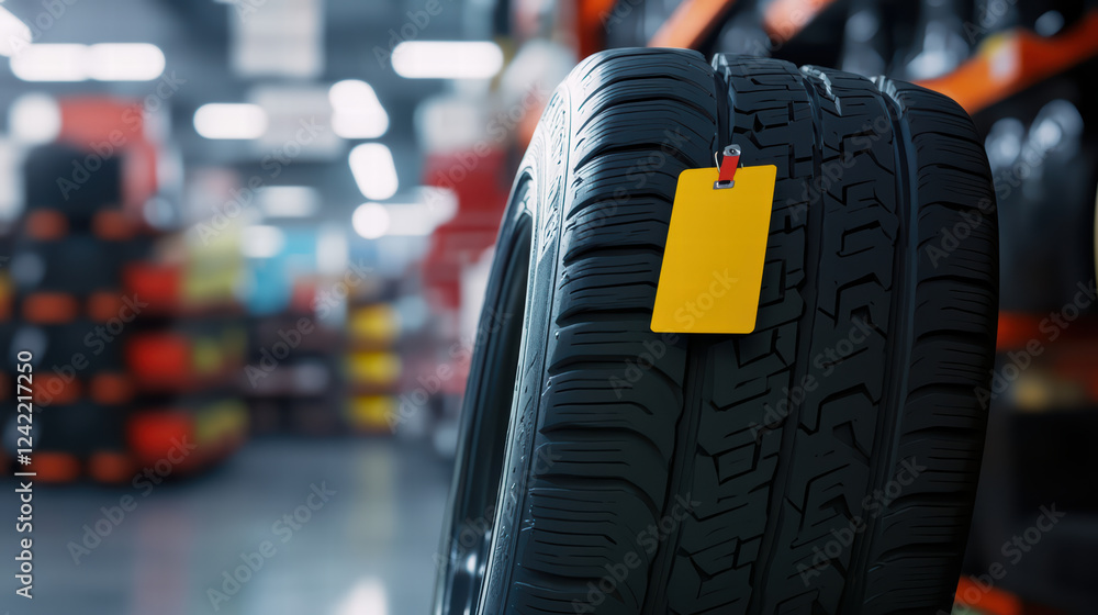 Poster close up of tire with price tag in store, showcasing tread pattern and retail environment. image con