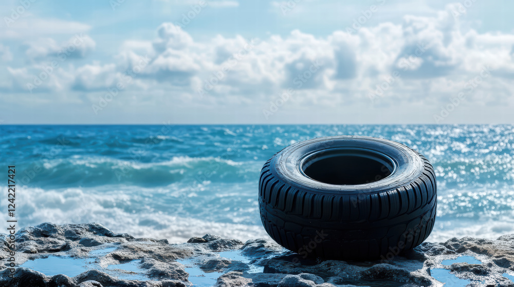 Poster tire rests on rocky shore with scenic view of ocean and clouds in background, creating serene atmosp