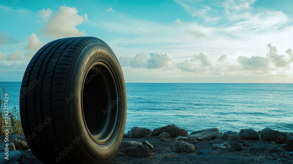 Poster tire rests on rocky shore with scenic view of ocean and clouds in background, creating serene atmosp