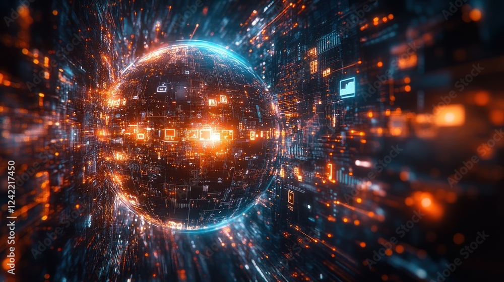 Aufkleber abstract digital sphere with glowing data streams and lights