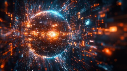 Fototapeta premium Abstract digital sphere with glowing data streams and lights