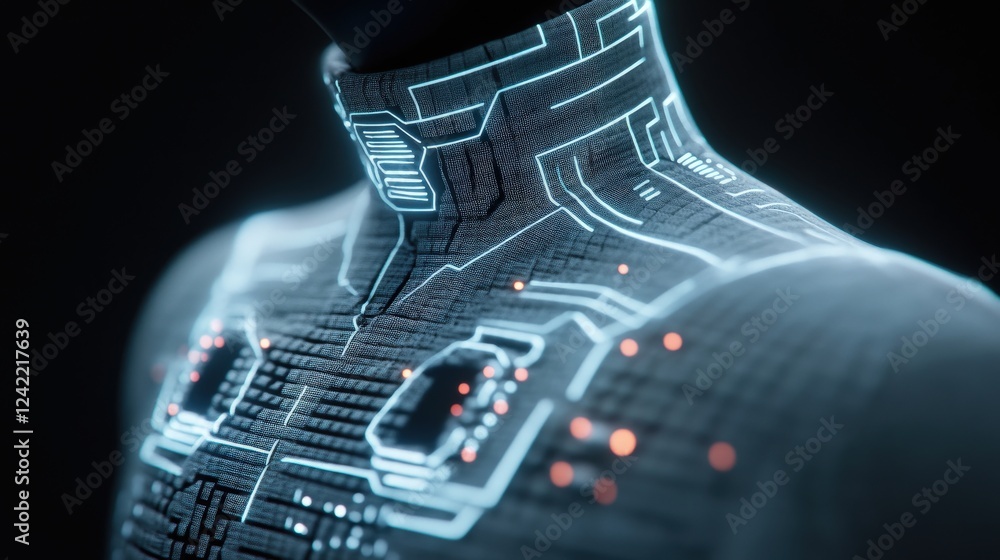 Poster Futuristic Digital Figure with Glowing Circuit Patterns and Lights