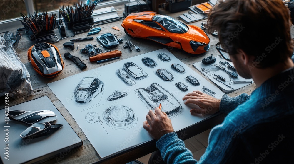 Poster Designer Sketching Car Models and Concepts on a Workspace Table
