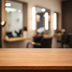 A blurry hair salon interior with styling stations and mirrors, contrasted with a clear wooden tabletop in the foreground