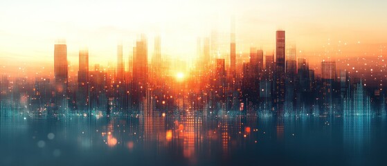 Fototapeta premium Vibrant sunset over a futuristic city skyline reflecting water
