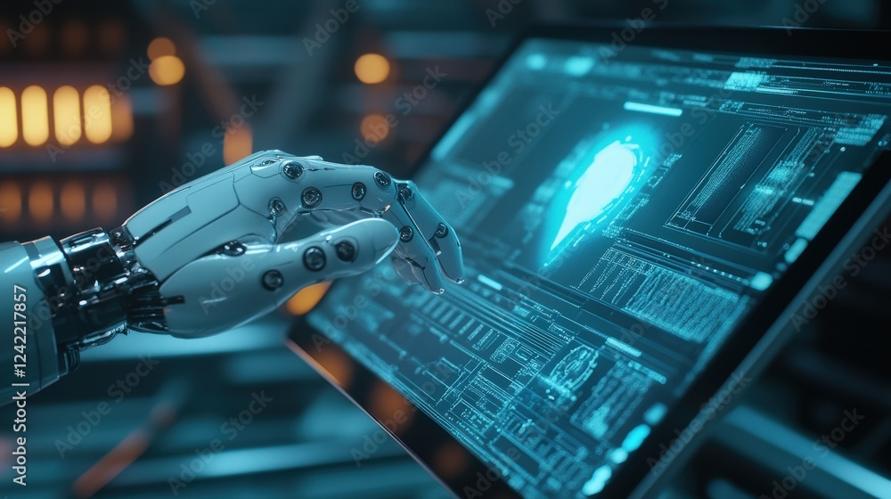 Poster robotic hand interacting with futuristic technology interface screen