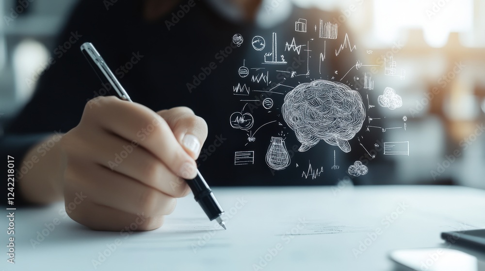 Poster thought process concept with brain illustration in business setting