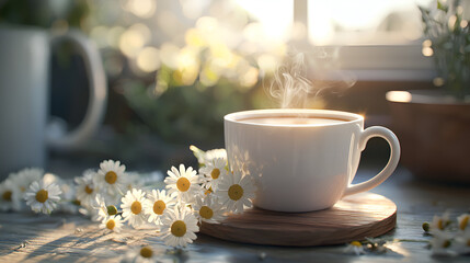 Fototapeta premium Warm morning beverage with chamomile flowers, sunlight streaming through a window.
