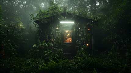 Overgrown jungle hut, mysterious glow, fog, travel
