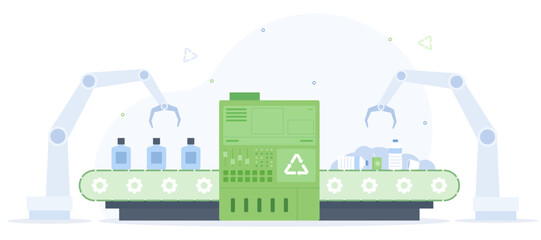 Robotic recycling plant with automated arms processing bottles vector illustration. Ideal for environmental, technology, automation, recycling, and manufacturing concepts.