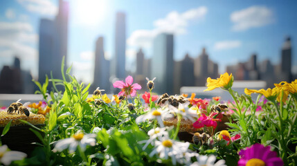 Vibrant rooftop garden with flowers and bees against city skyline