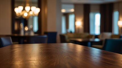 Empty wood table top in a luxurious hotel lounge with a blurred background. The focus is on the table surface
