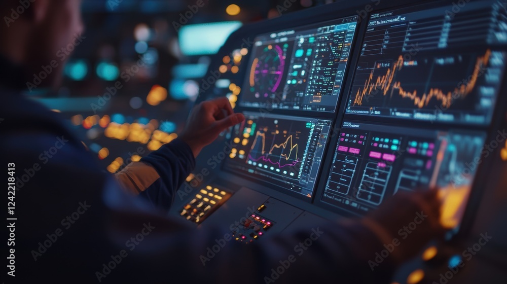 Poster industrial engineer working at night and managing data of production line on computer screens in fac
