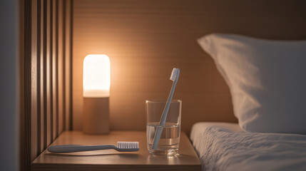 toothbrush and glass of water on nightstand beside soft lamp create calming bedtime atmosphere. This setup encourages refreshing nighttime routine