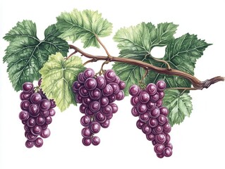 Obraz premium lush grapevine branch with clusters of ripe purple grapes and vibrant green leaves, detailed botanical illustration style on pure white
