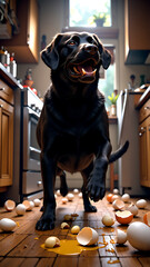 "Mischievous Labrador in the Kitchen with Broken Eggs"