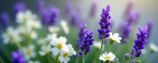 Fototapeta premium A sprig of fresh lavender nestled among delicate white flowers, arrangement, lavender