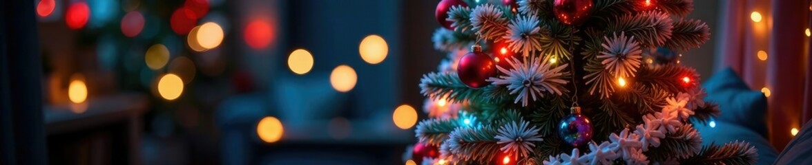 Obraz premium Colorful Christmas tree adorned with fairy lights and garlands, colorful decorations, holiday decor, fairy lights