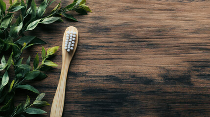 Eco friendly toothbrush on wooden table surrounded by greenery, promoting sustainable living and natural hygiene. Perfect for nature lovers and environmentally conscious individuals