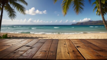 Empty wood table top on Hawaiian Beach Wooden Café with a blurred background. The focus is on the table surface
