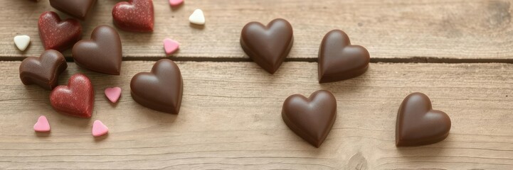 Obraz premium Handmade chocolate candies in the shape of hearts on a rustic wooden table, gourmet, homemade