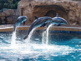 Three graceful dolphins synchronized jumping with splash in clear pool water