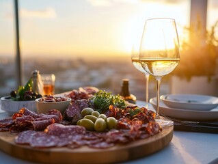 mediterranean rooftop dining scene with charcuterie spread, wine glasses catching sunset light, city panorama background