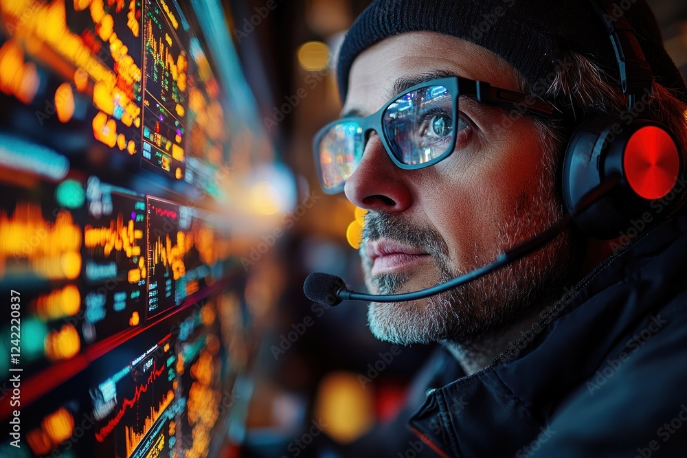 Poster man analyzing data on screens in a dimly lit room
