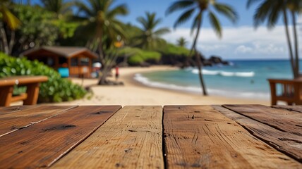 Empty wood table top on Hawaiian Beach Wooden Caf&eacute; with a blurred background. The focus is on the table surface