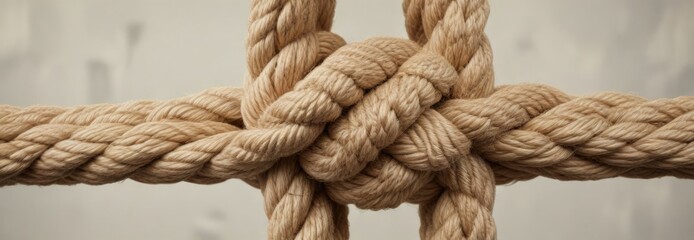 Fototapeta premium Hemp rope square knot with visible fibers on a neutral background , handmade, cordage, woven