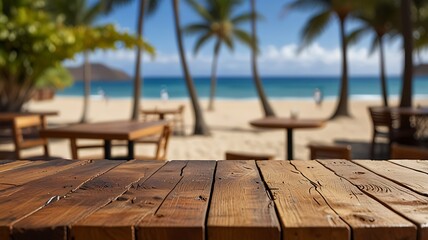 Empty wood table top on Hawaiian Beach Wooden Café with a blurred background. The focus is on the table surface