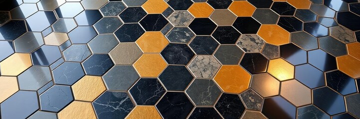 Hexagonal tile pattern with gold and black metallic inlays on a luxurious floor, luxury flooring, hexagonal patterns