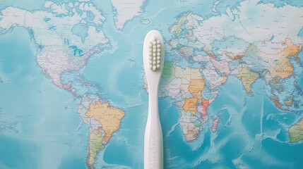 toothbrush placed on world map, symbolizing travel and exploration. This evokes sense of adventure and importance of oral hygiene while on go